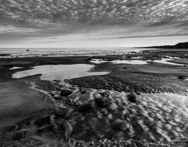 Simon Raine, Reflections at Bell Block Beach B&W, 2021