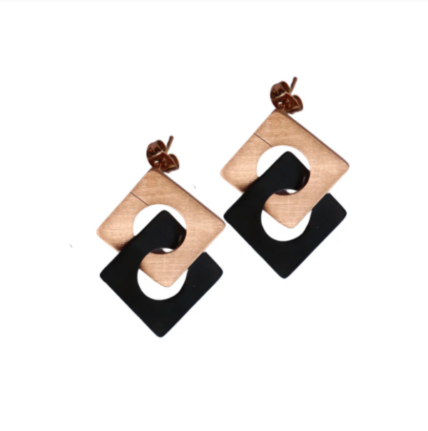 Carre Rose Gold & Black Stud Earrings