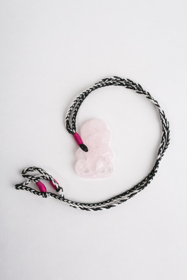 Hei Tiki, Rose quartz on black/white cord with pink contrast